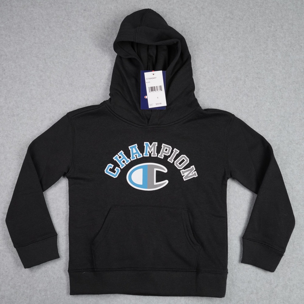 Champion Hoodie Kids 5 Black C735HD457 Fleece Pullover Graphic Logo Sweatshirt